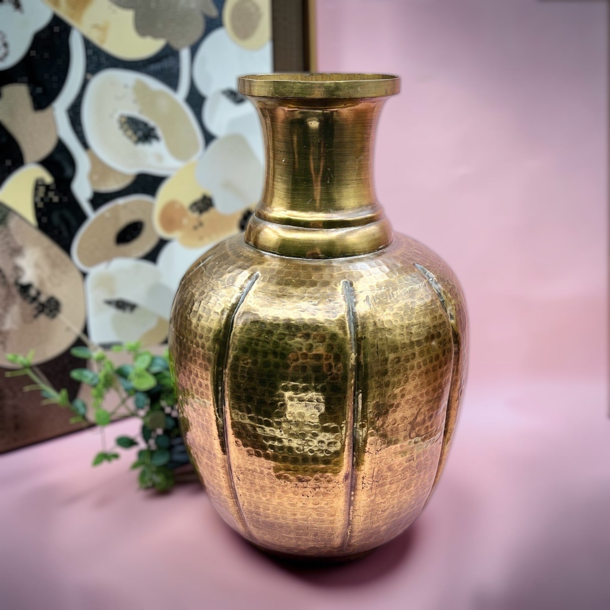 A large, bulbous vintage floor vase made of hand-hammered copper and brass with a lobed, stippled body, a polished brass neck, and a flared rim. - Photo 1