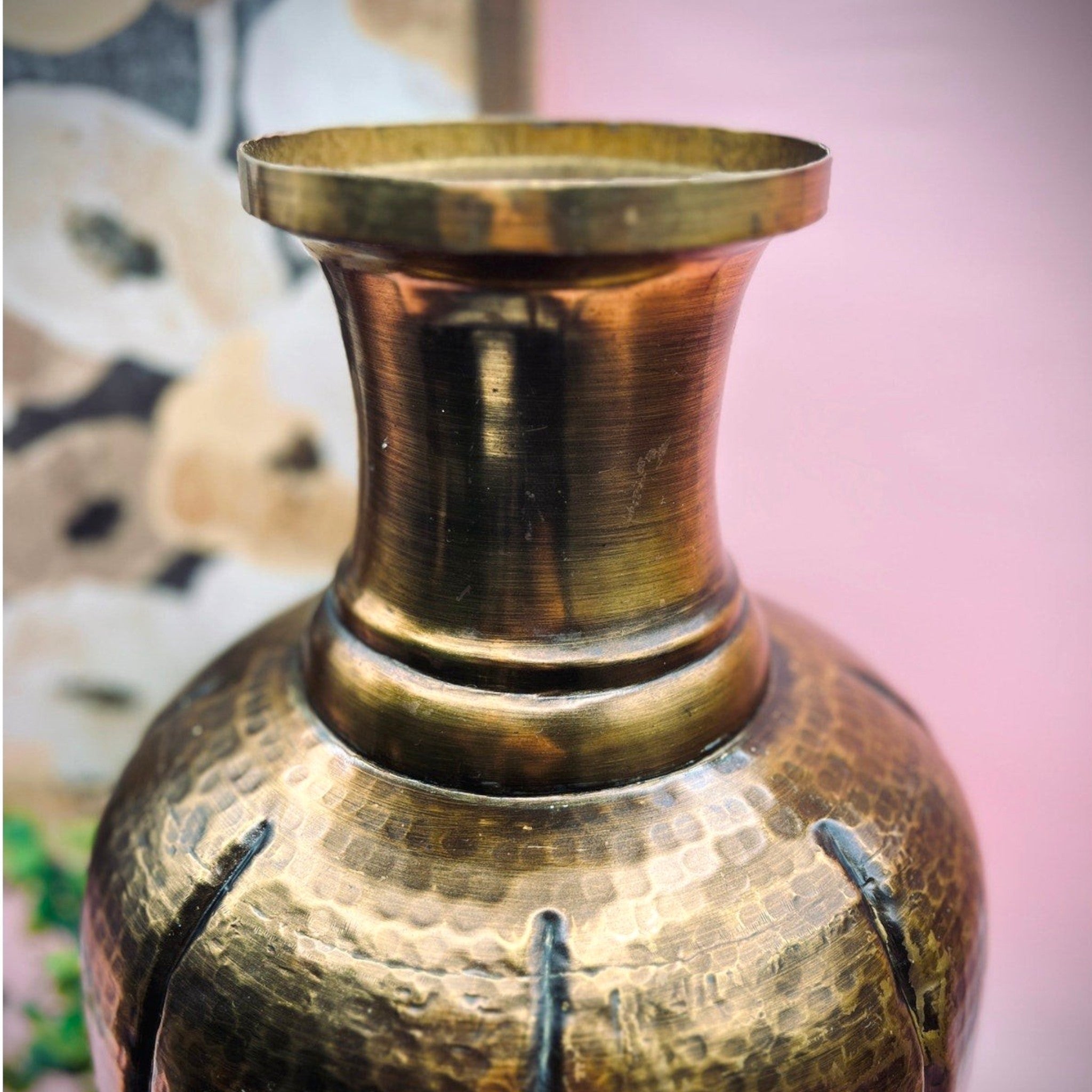 A large, bulbous vintage floor vase made of hand-hammered copper and brass with a lobed, stippled body, a polished brass neck, and a flared rim. - Photo 2
