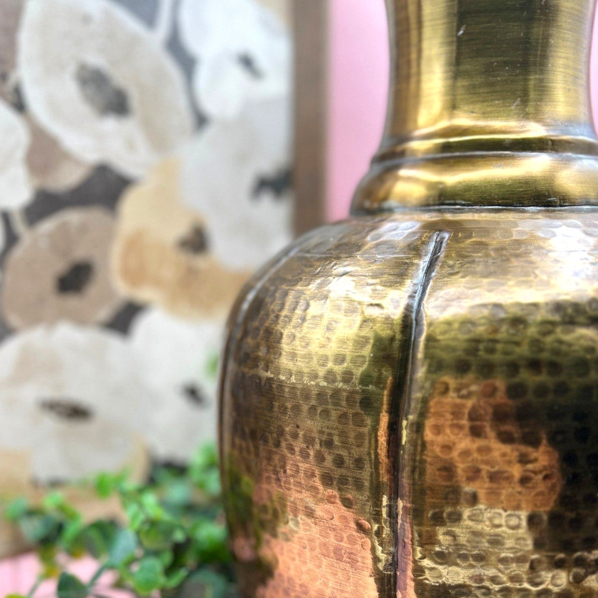 A large, bulbous vintage floor vase made of hand-hammered copper and brass with a lobed, stippled body, a polished brass neck, and a flared rim. - Photo 3