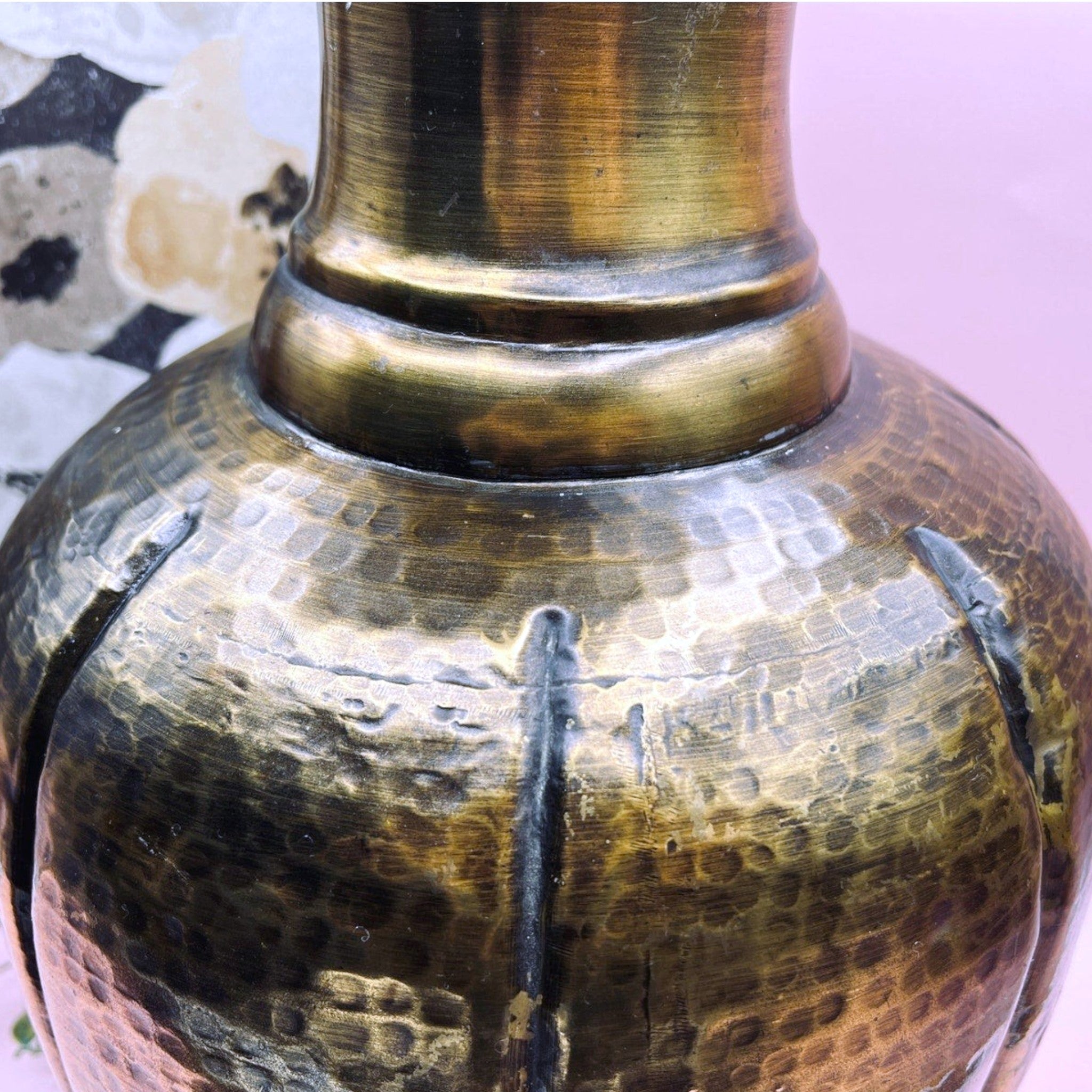 A large, bulbous vintage floor vase made of hand-hammered copper and brass with a lobed, stippled body, a polished brass neck, and a flared rim. - Photo 4