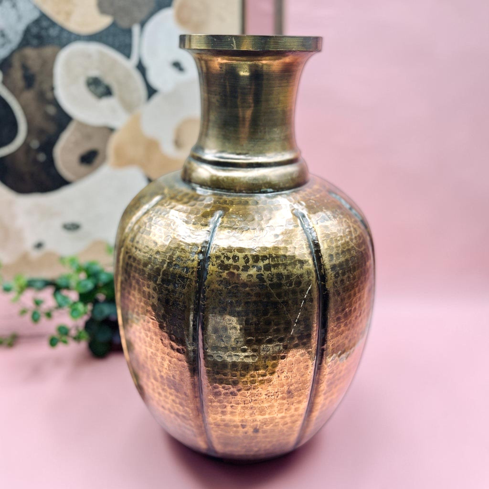 A large, bulbous vintage floor vase made of hand-hammered copper and brass with a lobed, stippled body, a polished brass neck, and a flared rim. - Photo 5