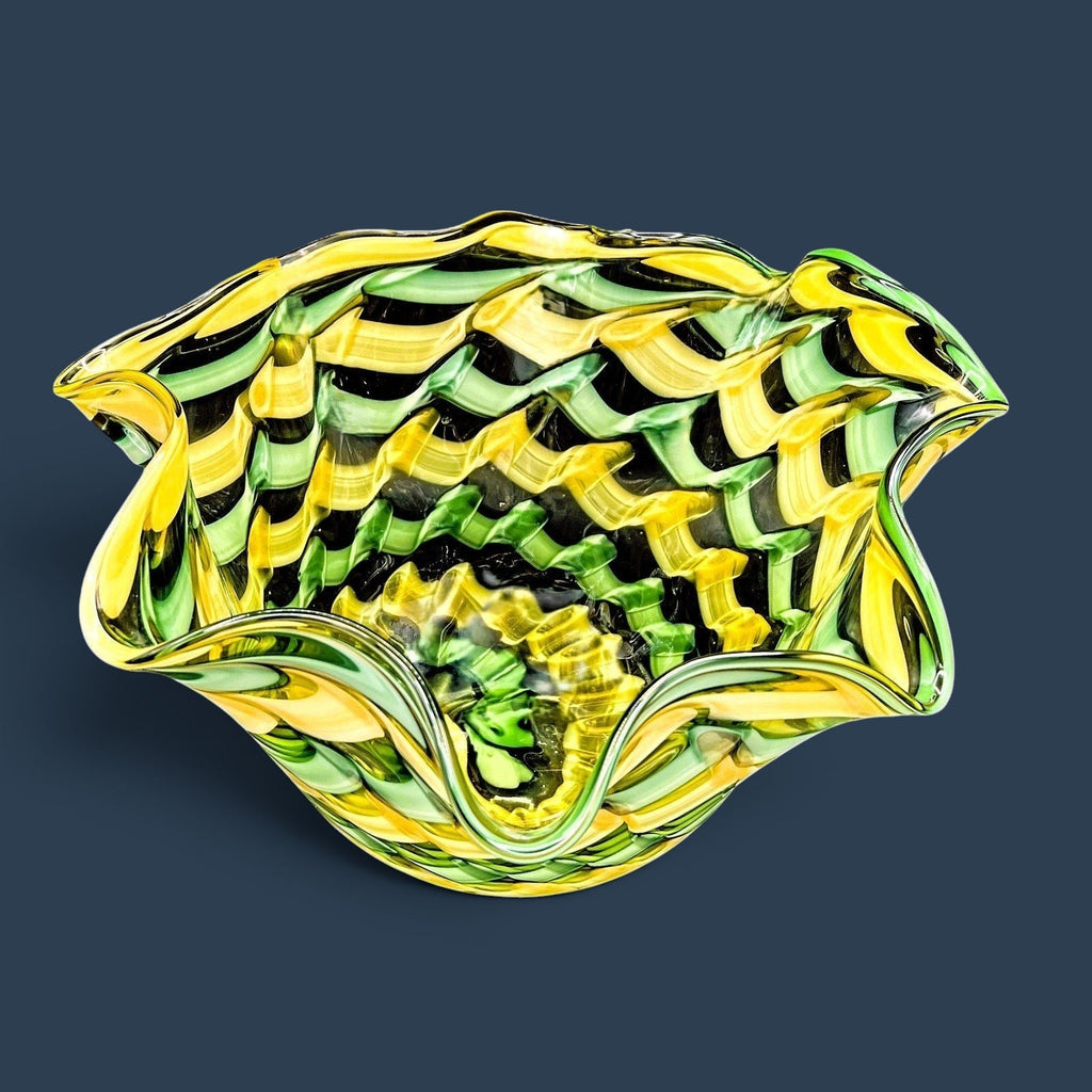 A hand-blown Murano glass handkerchief vase displaying spiraling vertical ribbons of emerald green, canary yellow, and white latticino filigree. - Photo 3