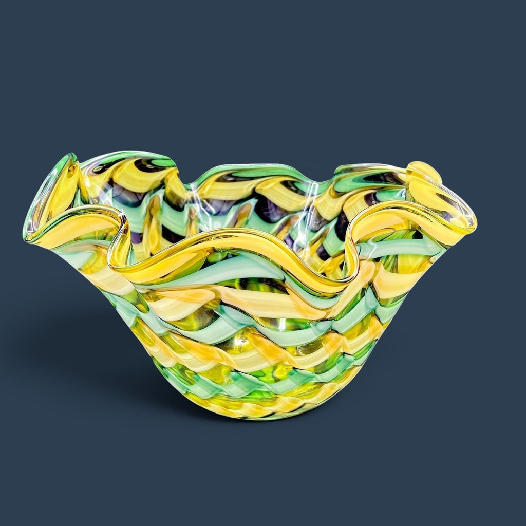 A hand-blown Murano glass handkerchief vase displaying spiraling vertical ribbons of emerald green, canary yellow, and white latticino filigree. - Photo 7