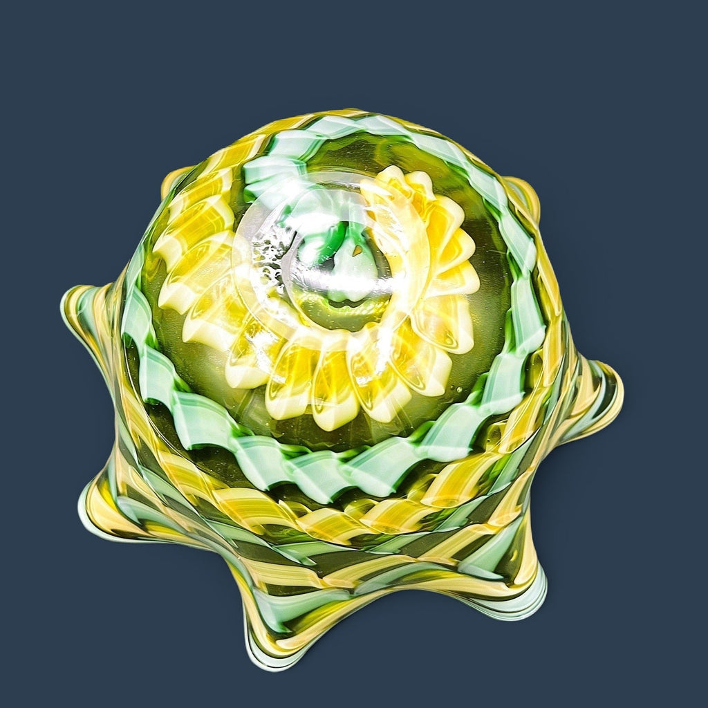A hand-blown Murano glass handkerchief vase displaying spiraling vertical ribbons of emerald green, canary yellow, and white latticino filigree. - Photo 9