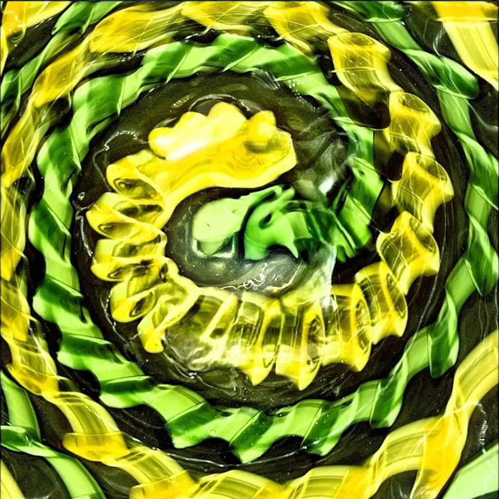 A hand-blown Murano glass handkerchief vase displaying spiraling vertical ribbons of emerald green, canary yellow, and white latticino filigree. - Photo 10