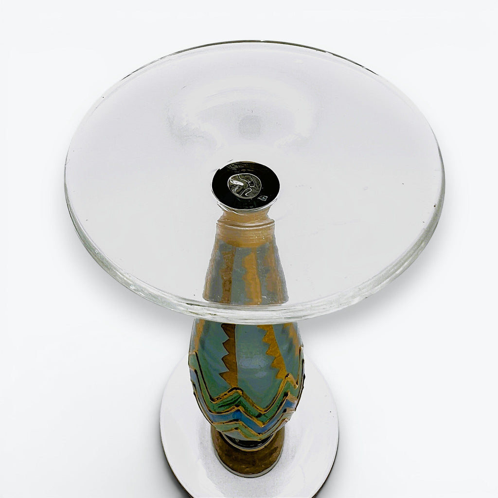 Hand-painted glass candlestick by Paul Nagel featuring cobalt blue and emerald green chevron patterns accented by metallic gold grids on a frosted body. - Photo 2