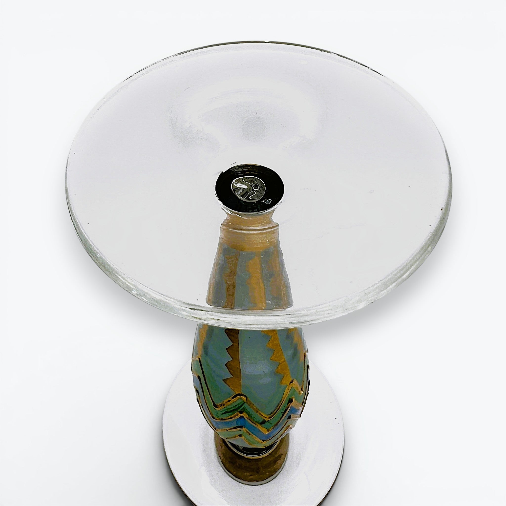Hand-painted glass candlestick by Paul Nagel featuring cobalt blue and emerald green chevron patterns accented by metallic gold grids on a frosted body. - Photo 2