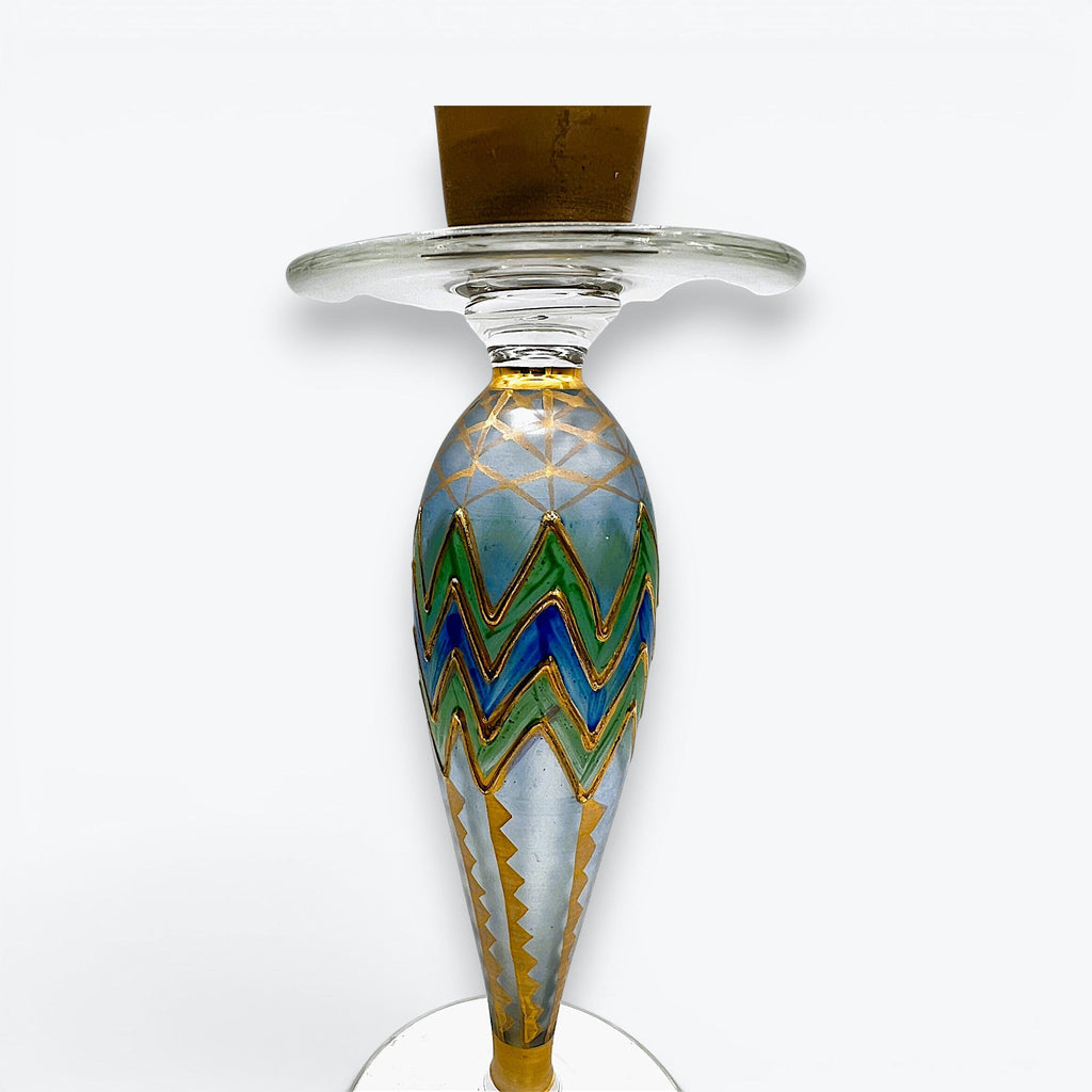 Hand-painted glass candlestick by Paul Nagel featuring cobalt blue and emerald green chevron patterns accented by metallic gold grids on a frosted body. - Photo 3