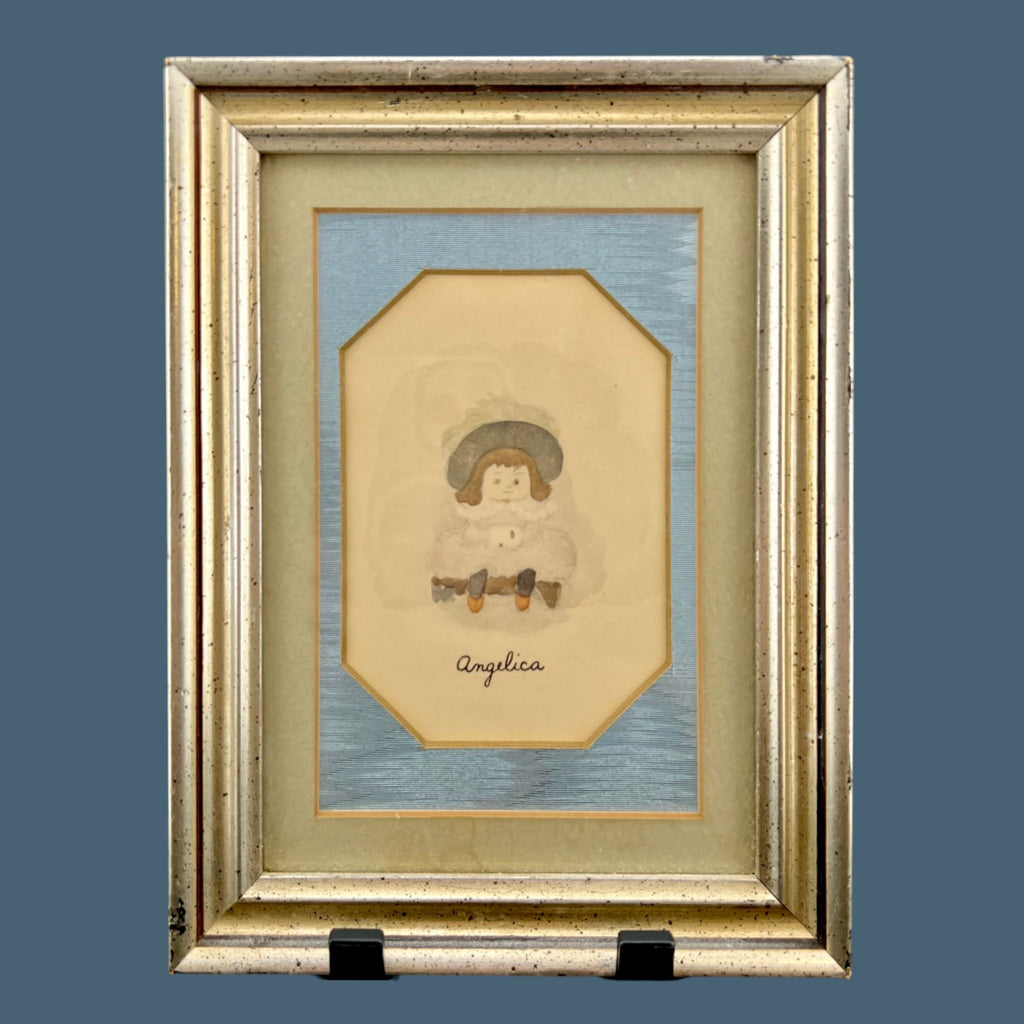 Vintage Paul B. Victorius Angelica framed folk art print with slate blue moire silk matting. - Photo 1