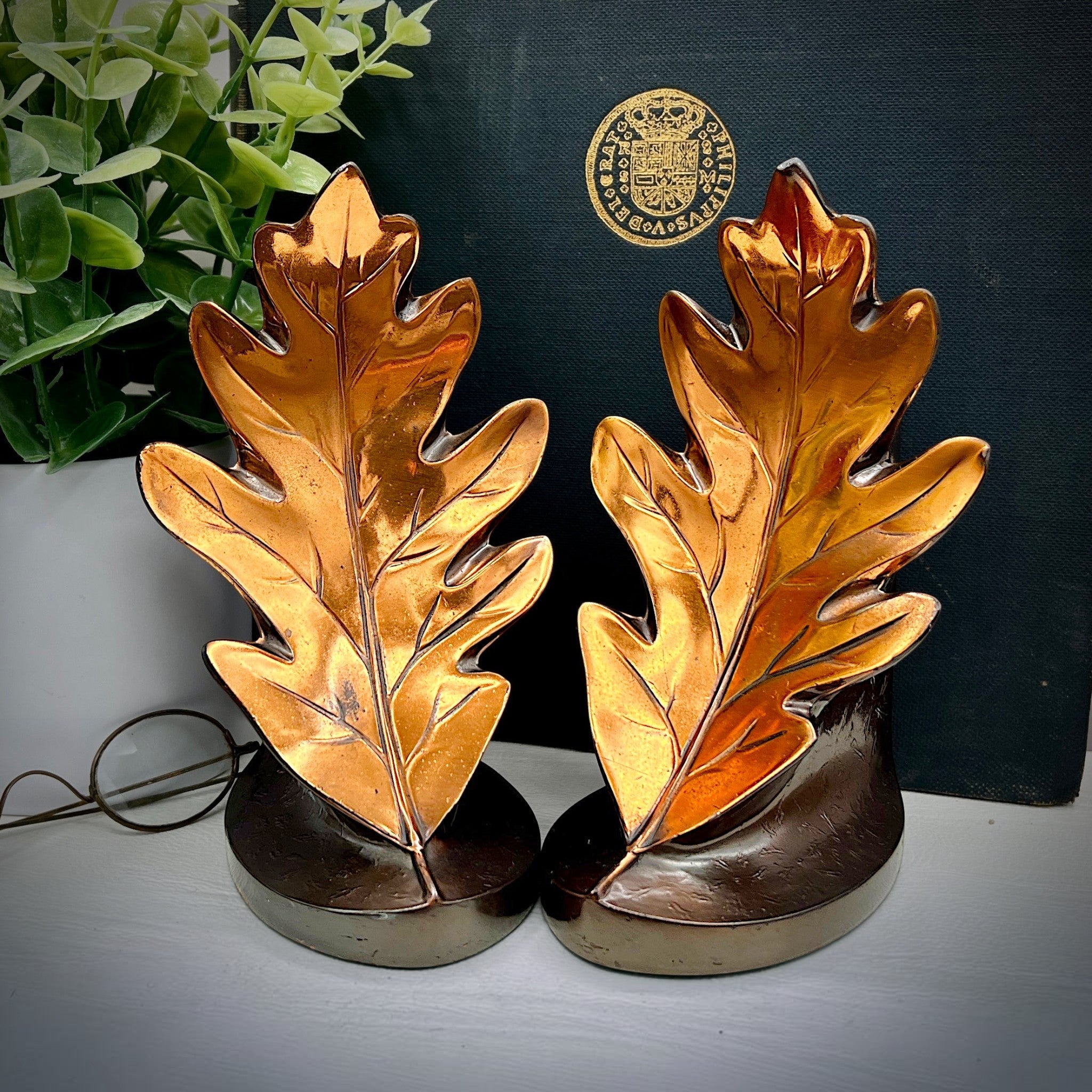 A pair of vintage PMC hand-cast metal oak leaf bookends with a rich bronze finish, designed with stylized lobed leaves and delicate embossed cascading leaf patterns on their curved backs, supporting a dark book on a white surface. - Photo 1