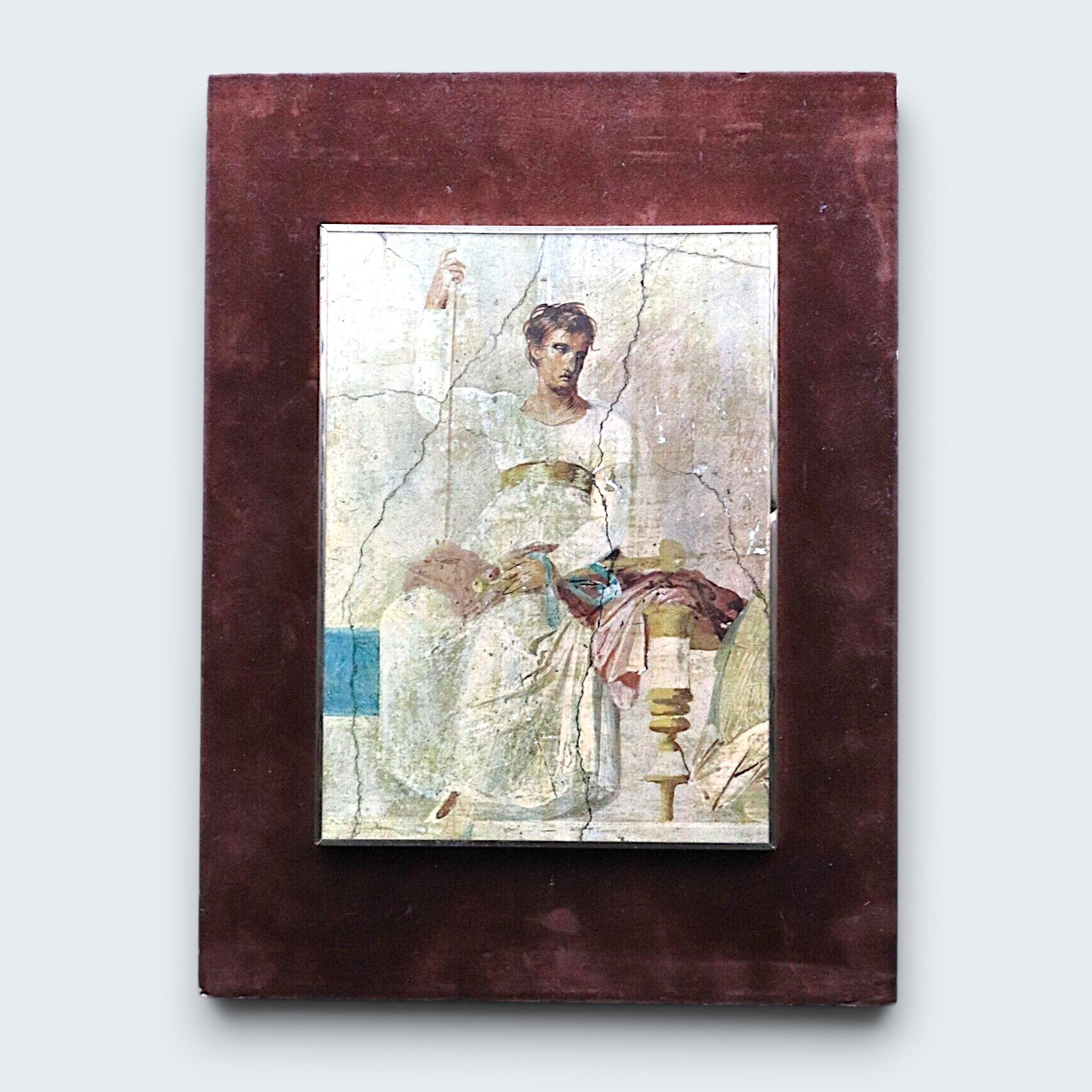 Reverse of a vintage Roman fresco art plaque showing dark burgundy velvet backing with a brass hanging loop and original labels. - Photo 1
