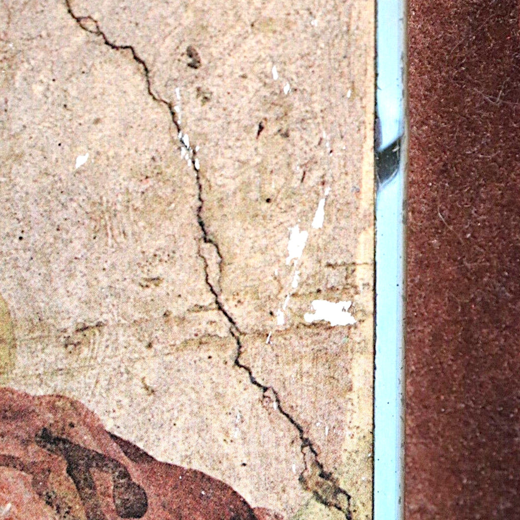 Reverse of a vintage Roman fresco art plaque showing dark burgundy velvet backing with a brass hanging loop and original labels. - Photo 4