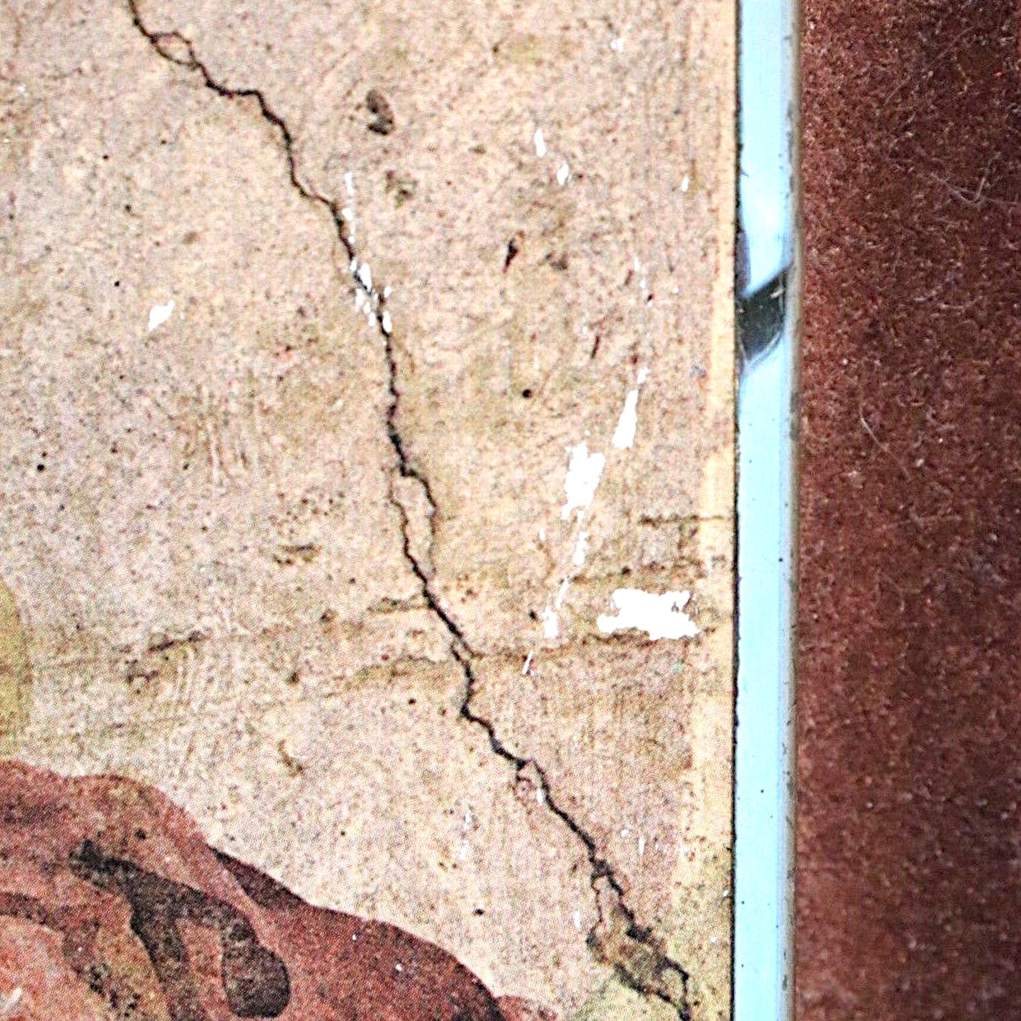 Reverse of a vintage Roman fresco art plaque showing dark burgundy velvet backing with a brass hanging loop and original labels. - Photo 4