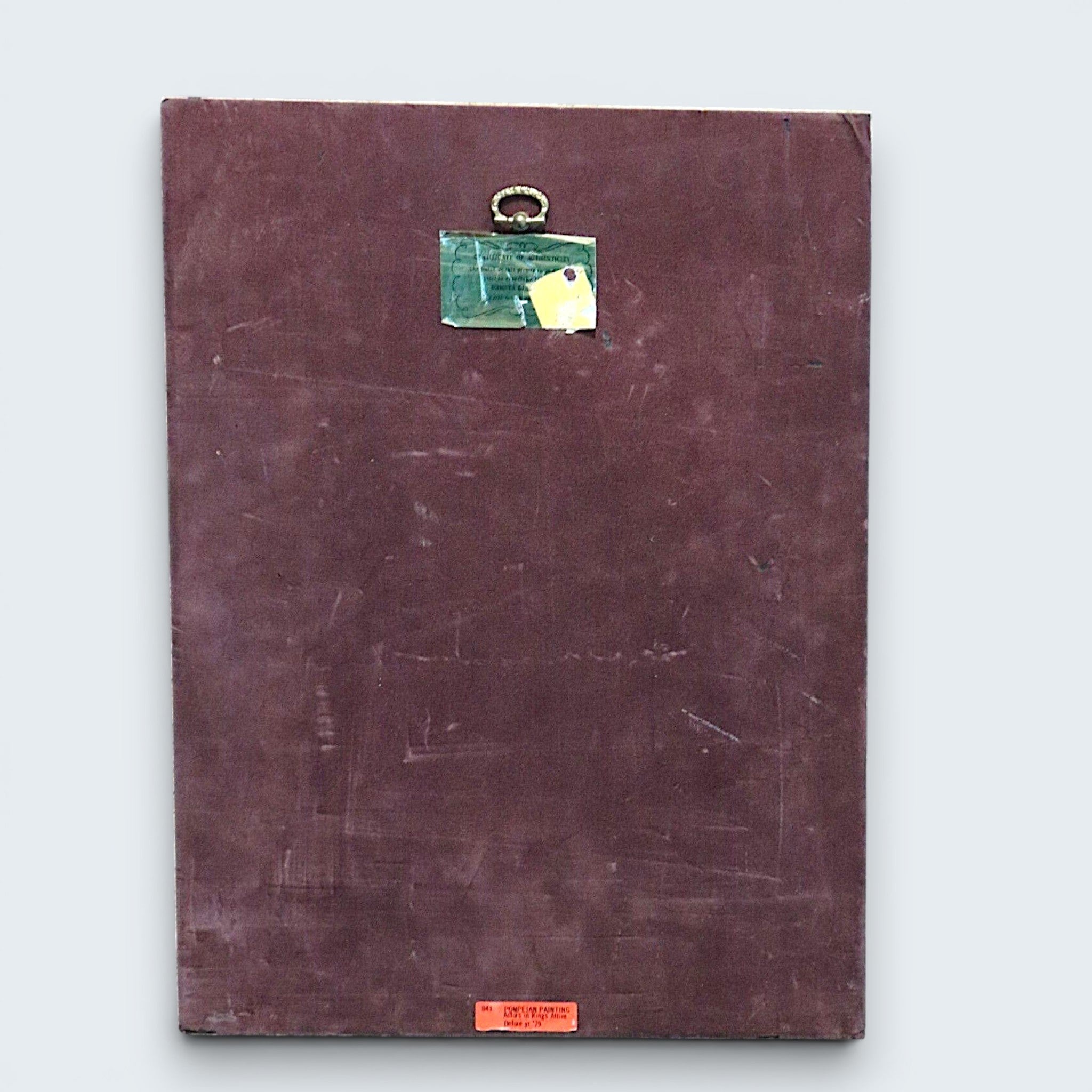 Reverse of a vintage Roman fresco art plaque showing dark burgundy velvet backing with a brass hanging loop and original labels. - Photo 8