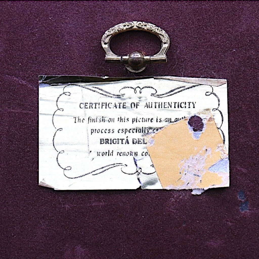 Reverse of a vintage Roman fresco art plaque showing dark burgundy velvet backing with a brass hanging loop and original labels. - Photo 10