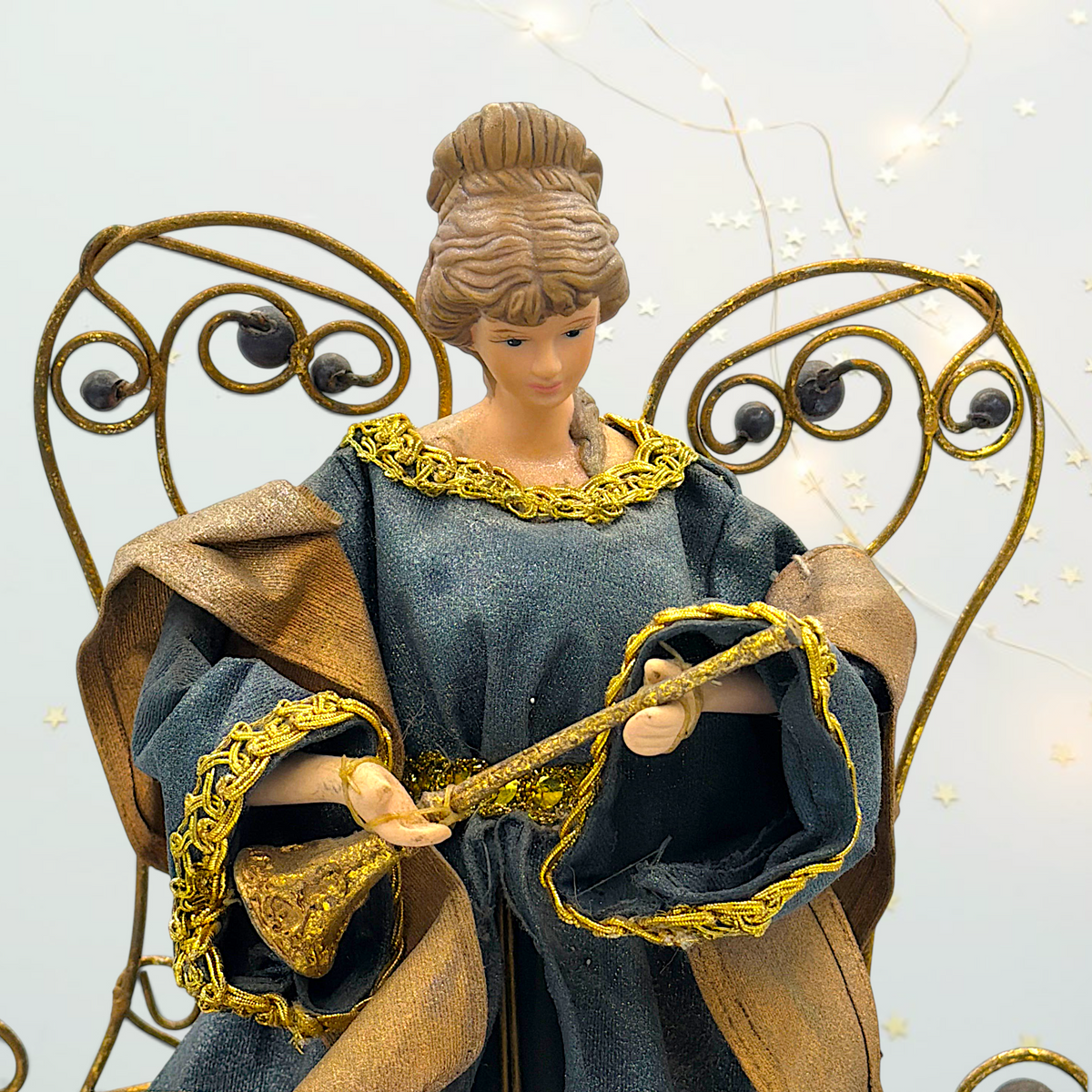 Full front view of a vintage mixed metal and fabric Christmas angel tree topper with horn and wire wings - Photo 2