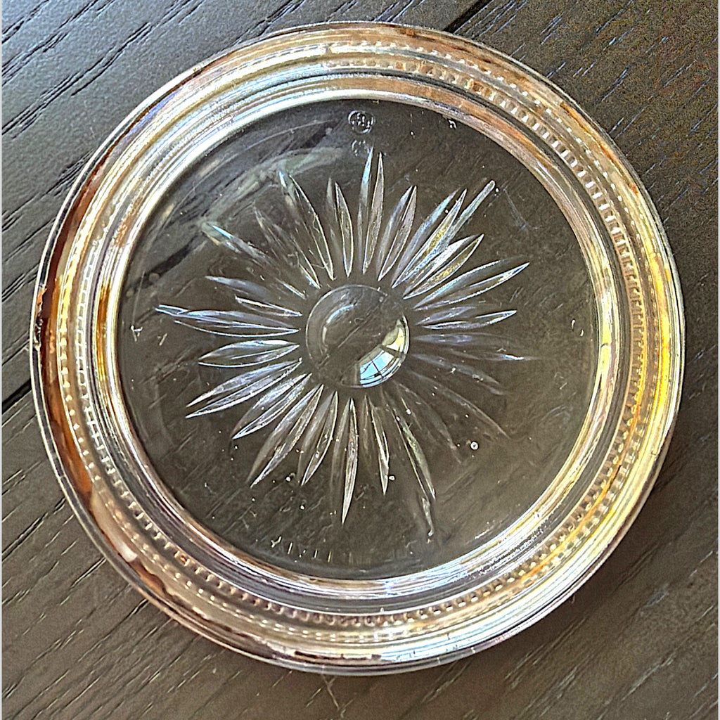 Set of four stacked vintage glass coasters with polished silverplated beaded rims and a clear starburst patterned center. - Photo 2