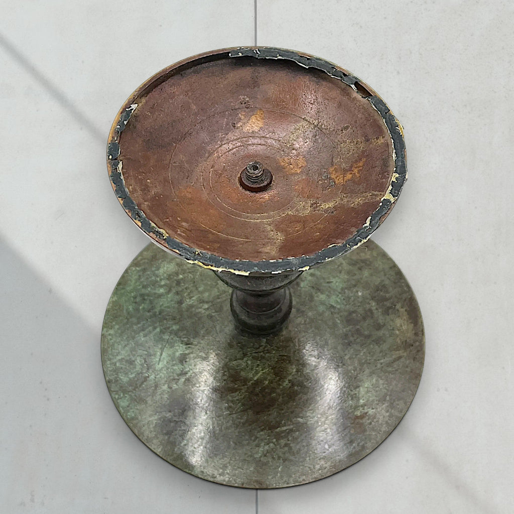 Vintage green verdigris patinated bronze pricket candlestick holder with a wide dished drip pan, central candle spike, and turned baluster stem resting on a circular stepped base. - Photo 5