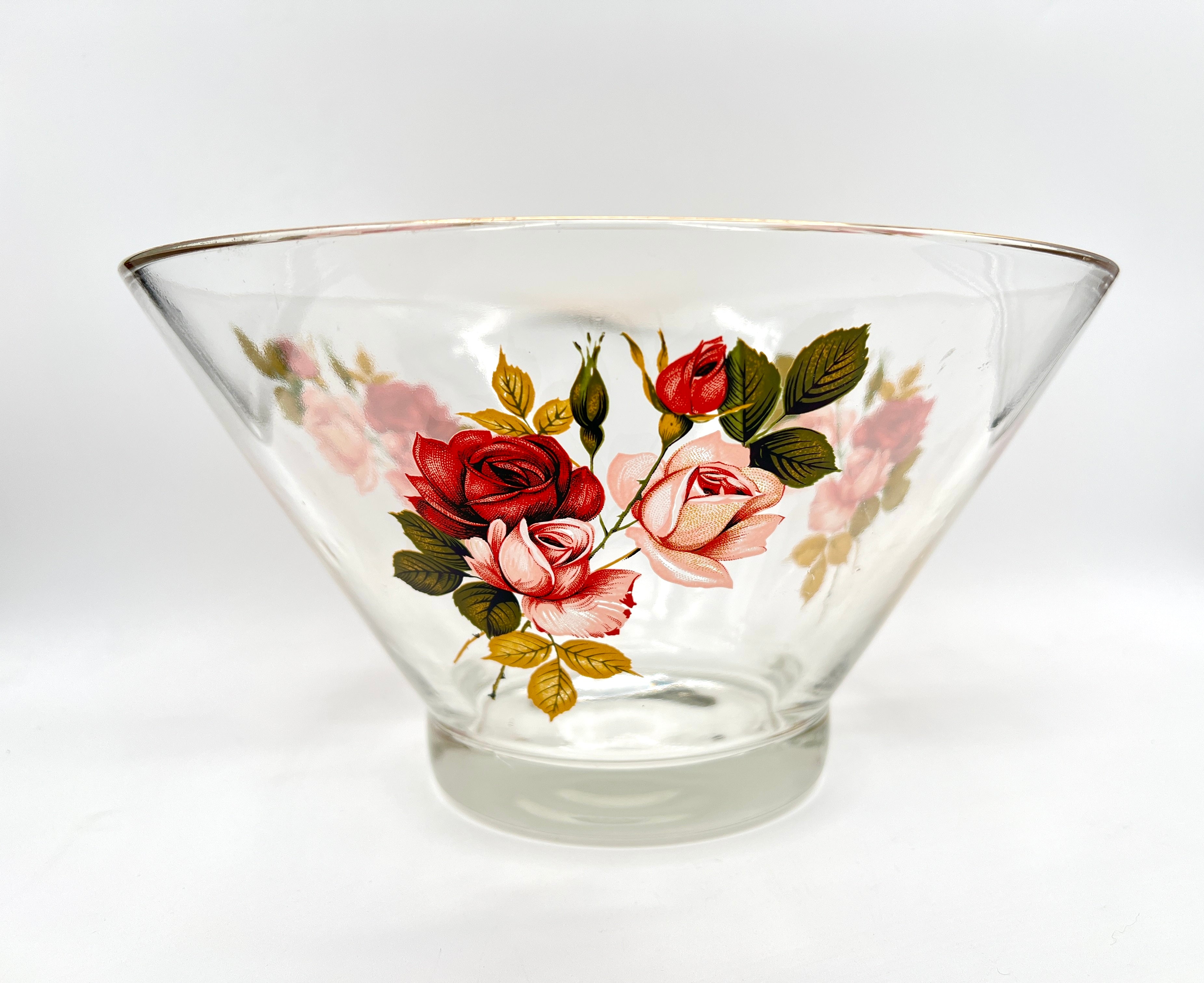 A pair of clear glass cruets with stoppers, featuring hand-painted pink and red roses with green leaves and a gold-gilded band around the neck. - Photo 2