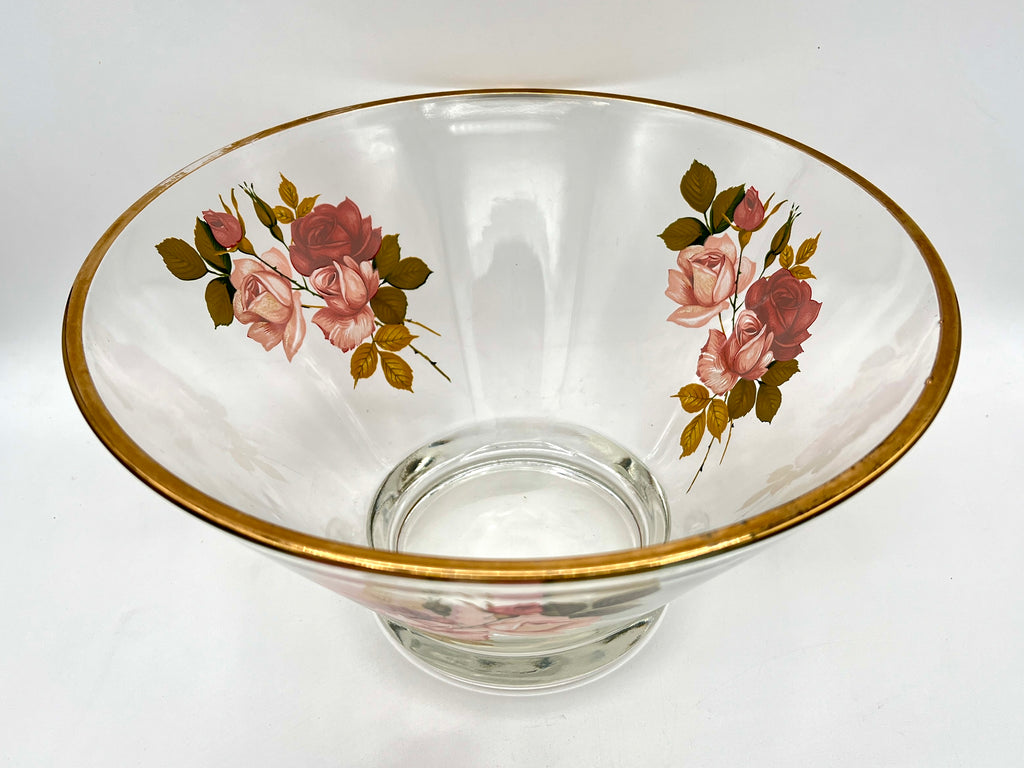 A pair of clear glass cruets with stoppers, featuring hand-painted pink and red roses with green leaves and a gold-gilded band around the neck. - Photo 3