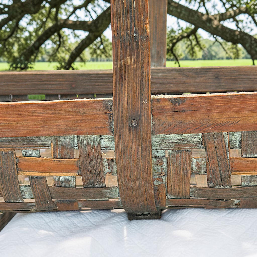 Shallow rectangular vintage wood splint gathering basket with an arched bentwood handle and open weave base resting on a white surface. - Photo 2