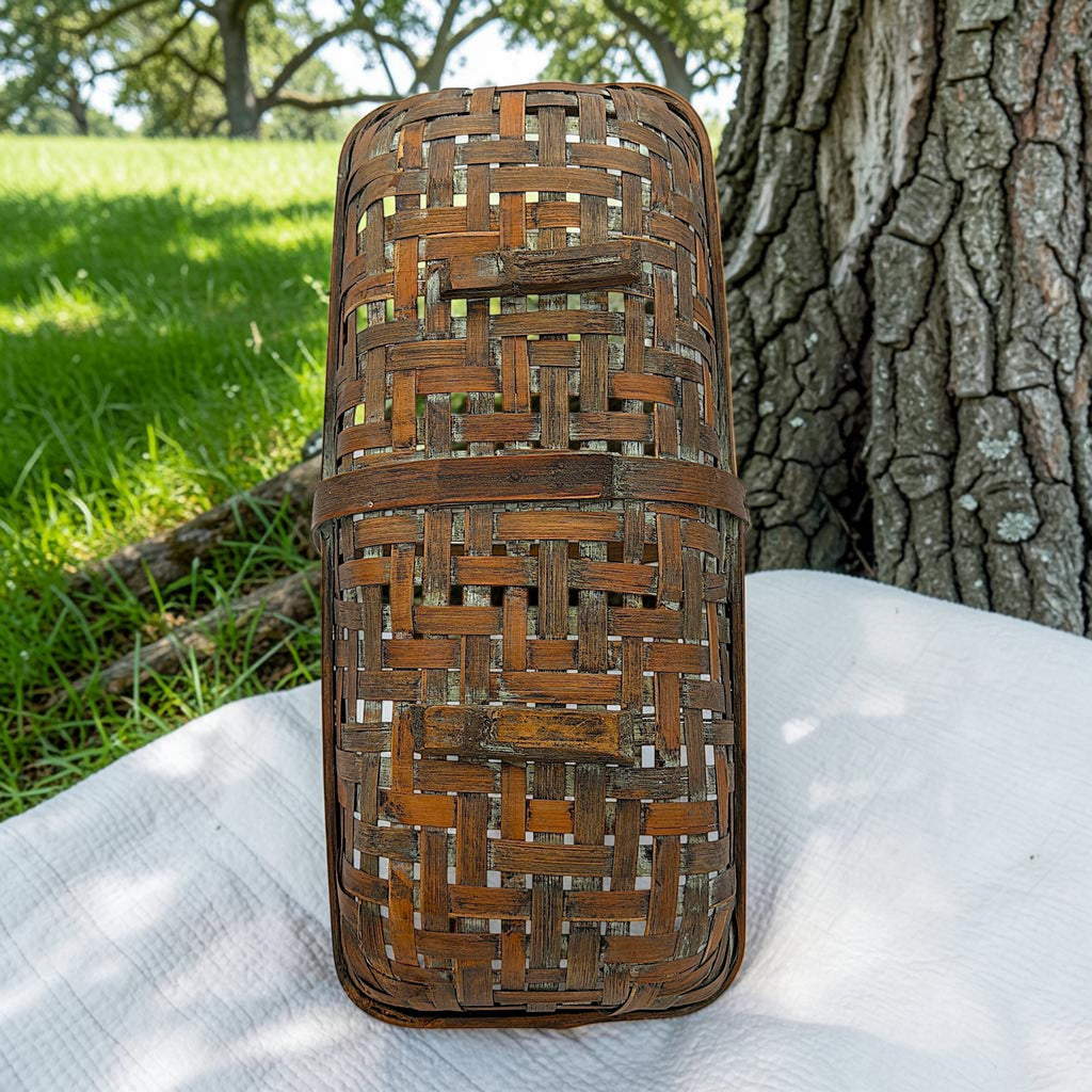 Shallow rectangular vintage wood splint gathering basket with an arched bentwood handle and open weave base resting on a white surface. - Photo 5