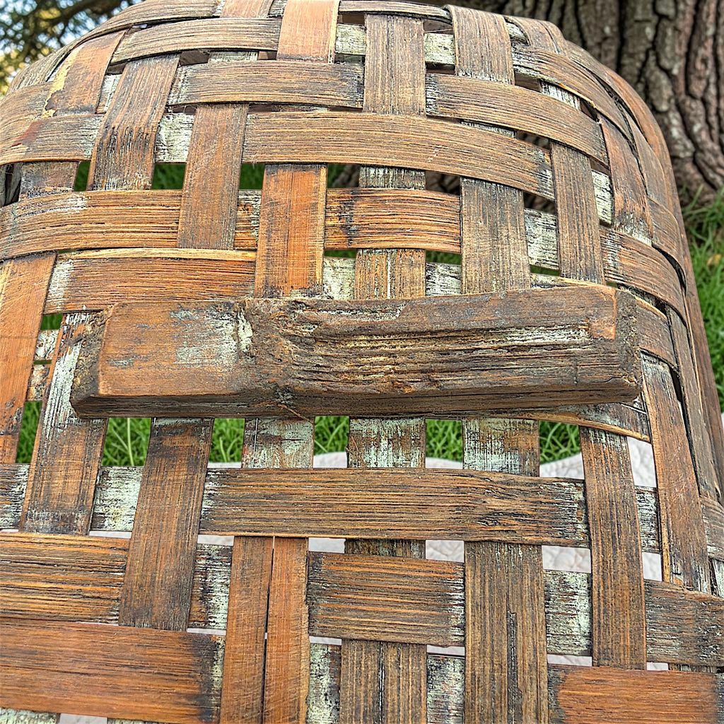 Shallow rectangular vintage wood splint gathering basket with an arched bentwood handle and open weave base resting on a white surface. - Photo 6