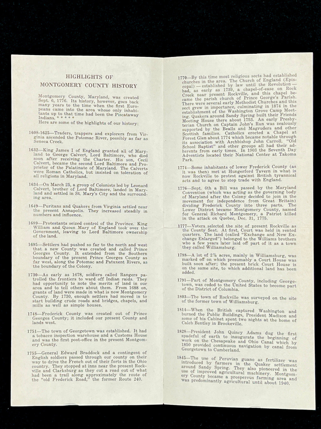 A light blue vintage paper cover of a mid-century Montgomery County Maryland historical publication resting flat on a dark background. - Photo 11