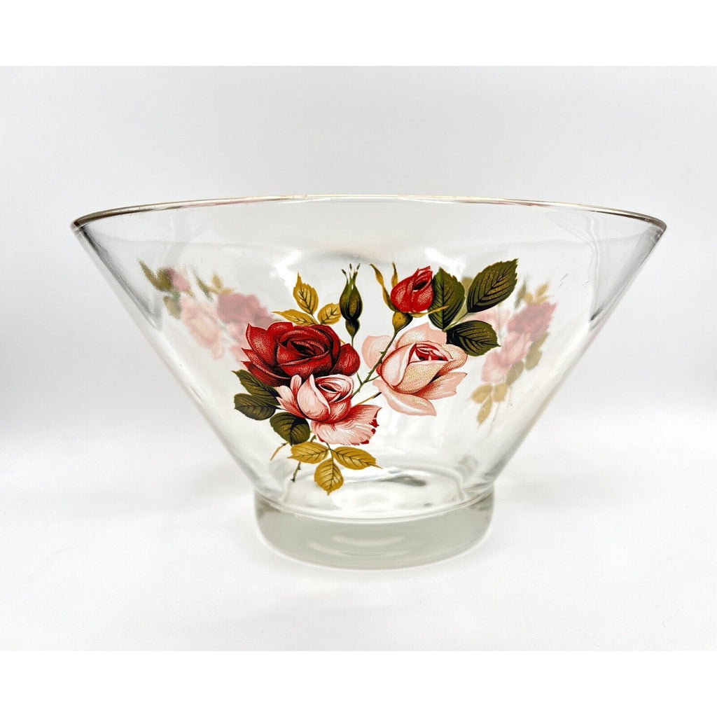 West Virginia Glass Radiant Rose 10.5-inch salad bowl with red and pink rose pattern.