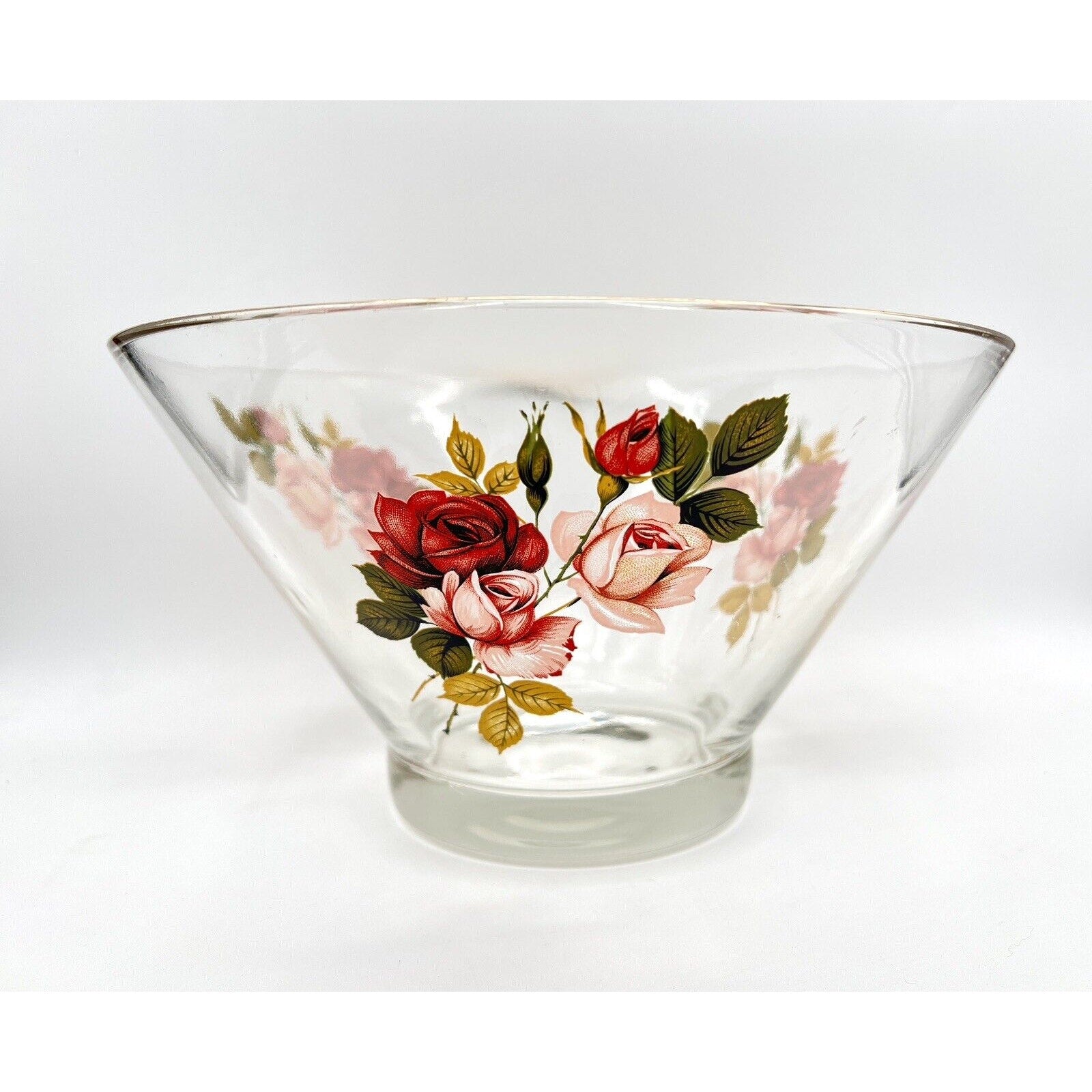 West Virginia Glass Radiant Rose 10.5-inch salad bowl with red and pink rose pattern.